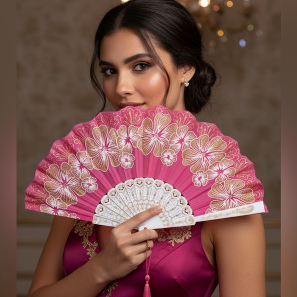 ✨NEW Elegant Pink Floral Hand Fan 🪭 9” - Picture 3 of 4